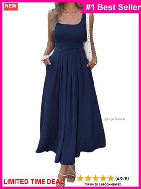 Square Neck Sleeveless A-Line Maxi Dress with Pockets Ruched Waist